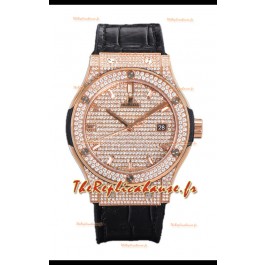 Hublot Classic Fusion Automatic Cadran Pavé Or Rose Diamants Bracelet Gris 42MM Réplique Montre Superclone 