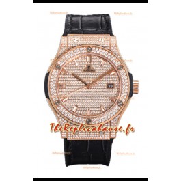Hublot Classic Fusion Automatique Or Rose Diamants Cadran Pavé Bracelet Noir 42MM Montre réplique Superclone 