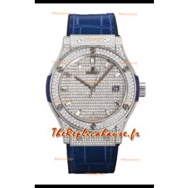 Hublot Classic Fusion Automatique Acier Diamants Cadran Pavé Bracelet Bleu 42MM Montre Réplique Superclone 