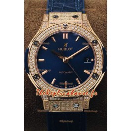 Hublot Classic Fusion Diamants Rose Gold Blue Dial 38MM Montre réplique 1:1 Qualité miroir 