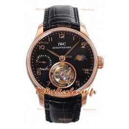 IWC Portugese Hand-Wound Genuine Tourbillon Cadran noir Boîtier or rose Montre Suisse Réplique 