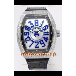 Franck Muller Vanguard Crazy Hours en acier inoxydable diamants - Cadran blanc Réplique Suisse 