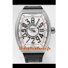 Franck Muller Vanguard Crazy Hours en acier inoxydable diamants - Cadran blanc Réplique Suisse 