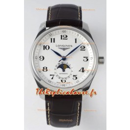Longines Master Collection Chronographe Automatique Phases de Lune Cadran Blanc Réplique Suisse Bracelet Cuir