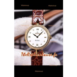 Omega De Ville Prestige - Montre suisse à quartz, édition Dewdrop, bracelet marron en or rose