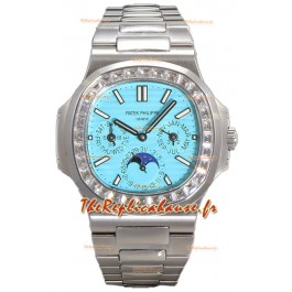 Patek Philippe Nautilus 5740 Quantième Perpétuel Or Blanc Cadran Tiffany Lunette Diamants Réplique Suisse 