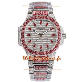 Patek Philippe Nautilus 7118R 35MM 1:1 Montre pavée de diamants rouges en boîtier acier 
