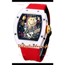 Richard Mille RM088 Smiley Tourbillon Boîtier Céramique Blanc Bracelet Nylon Rouge Réplique 
