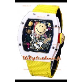 Richard Mille RM088 Smiley Tourbillon Boîtier céramique blanc Bracelet nylon jaune Réplique Montre