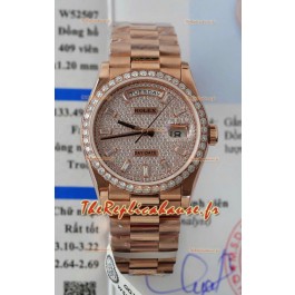 Montre Rolex Day-Date Super Clone plaquée or rose, personnalisée et pavée de diamants