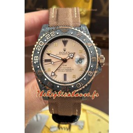 Rolex GMT Master DiW, réplique suisse, boîtier en carbone noir, cadran beige-gris.