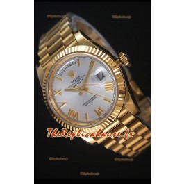 Rolex Day-Date 40MM Montre Réplique avec Cadran Argent et Chiffres des heures Romaines Mouvement Suisse Cal.3255 
