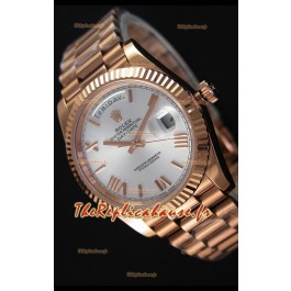 Rolex Day-Date 40MM Montre Suisse en Or Rose et Cadran Argent Chiffres romains