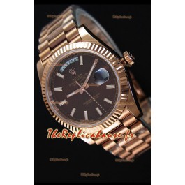 Rolex Day-Date 40MM Or Rose avec Cadran texturé Brun Marqueurs de bâton