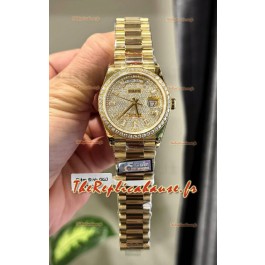 Rolex Day Date Montre Super Clone plaquée or jaune modifiée sur mesure et sertie de diamants