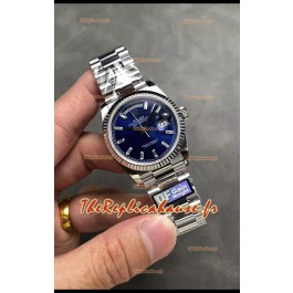 Rolex Day Date Super Clone en acier inoxydable cadran bleu chiffres en cristal 36MM - Réplique de montre 1:1 