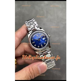Rolex Day Date Super Clone Acier Inoxydable Cadran Bleu Diamants 36MM - Montre réplique 1:1
