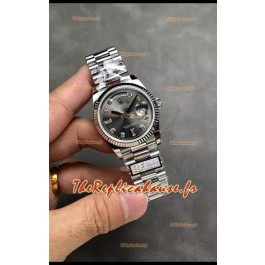 Rolex Day Date Super Clone en acier inoxydable Cadran gris Chiffres en diamants 36MM - Montre réplique 1:1