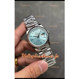 Rolex Day Date Super Clone en acier inoxydable Cadran bleu glacier Chiffres en cristal 36MM - Montre réplique 1:1 