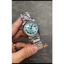 Rolex Day Date Super Clone en acier inoxydable cadran bleu glacier chiffres romains 36MM - Montre réplique 1:1