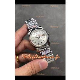 Rolex Day Date Super Clone en acier inoxydable Cadran argenté Chiffres en acier 36MM - Montre réplique 1:1