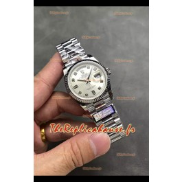 Rolex Day Date Super Clone en acier inoxydable cadran argenté chiffres diamants 36MM - 36MM - Montre réplique 1:1