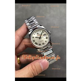 Rolex Day Date Super Clone Montre en acier inoxydable à cadran argenté et chiffres romains 36MM - Montre réplique 1:1 