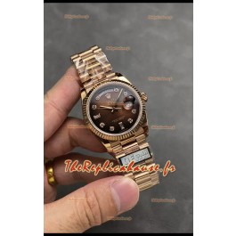 Rolex Day Date Super Clone Or Rose Cadran marron Chiffres Diamants 36MM - Montre réplique 1:1