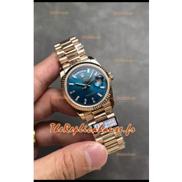Rolex Day Date Super Clone Or Rose Cadran Bleu Cristal Chiffres 36MM - Montre réplique 1:1