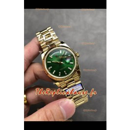 Rolex Day Date Super Clone Or Jaune Cadran Vert Chiffres Cristaux 36MM - Montre réplique 1:1