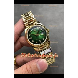Rolex Day Date Super Clone Or Jaune Cadran Vert Chiffres Diamants 36MM - Montre réplique 1:1