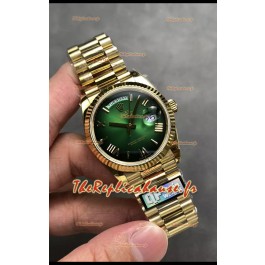 Montre Rolex Day Date Super Clone Or Jaune Cadran Vert Chiffres Romains 36MM - Montre réplique 1:1