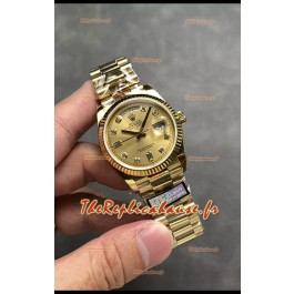 Rolex Day Date Super Clone Or Jaune Boîtier et Cadran Diamants Numéraux 36MM - Montre réplique 1:1