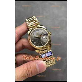 Rolex Day Date Super Clone Or Jaune Cadran Gris Chiffres Diamants 36MM - Montre réplique 1:1