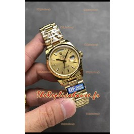 Rolex Day Date Super Clone Or Jaune Boîtier et Cadran Chiffres Bâtons 36MM - Montre réplique 1:1