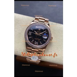 Rolex Day Date Super Clone Or Rose Cadran Eisenkiesel Diamants Chiffres 36MM - Montre réplique 1:1
