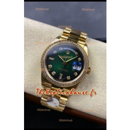 Rolex Day Date Super Clone Or Jaune Cadran Vert Chiffres Diamants 36MM - Montre réplique 1:1