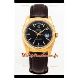 Rolex Day Date Montre boîtier acier 904L or jaune cadran noir 36MM - Qualité miroir 1:1