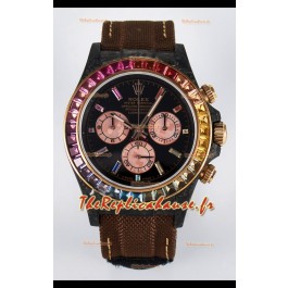 Rolex Daytona Super Clone DiW Carbon Edition Lunette arc-en-ciel - Boîtier carbone forgé Bracelet kaki Réplique 1:1 