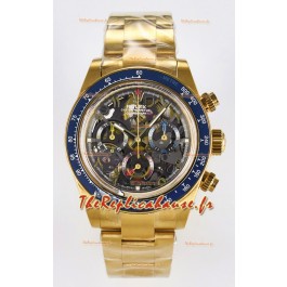 Rolex Daytona Super Clone Artisans De Geneve Montre en or jaune Lunette bleue Montre Skeleton 