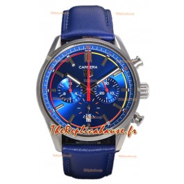 Tag Heuer Carrera Swiss Quartz Movement Réplique Montre cadran bleu - Bracelet cuir bleu