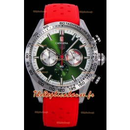 Montre Tag Heuer Carrera Swiss Mouvement à Quartz Réplique de Montre avec cadran vert - Bracelet en caoutchouc rouge