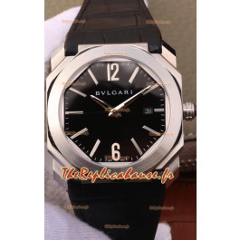 Montre Bvlgari Octo Roma Edition 1:1 Réplique Miroir dans un boîtier en acier 904L - Cadran noir - Bracelet en cuir