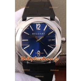 Montre Bvlgari Octo Roma Edition 1:1 Réplique Miroir en Acier 904L - Cadran Bleu Profond Bracelet en Cuir