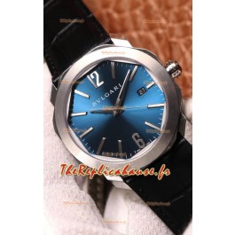 Montre Bvlgari Octo Roma Edition 1:1 Réplique Miroir en Acier 904L - Cadran Bleu Acier - Bracelet Cuir