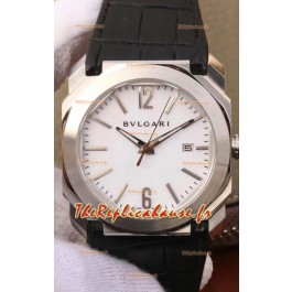 Montre Bvlgari Octo Roma Edition réplique 1:1 dans un boîtier en acier 904L - Cadran blanc - Bracelet en cuir