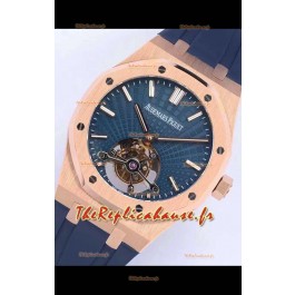 Montre Audemars Piguet Royal Oak Tourbillon 41mm Cadran bleu dans un boîtier en or rose 904L Bracelet en caoutchouc