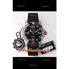 Montre Longines HydroConquest 1:1 Réplique Suisse Montre avec cadran noir, bracelet en caoutchouc et lunette en or rose