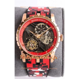 Montre Suisse Roger Dubuis Excalibur Araignée Volante Tourbillon Squelette Boîtier Or Rose Miroir 1:1