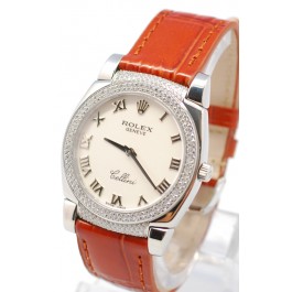 Rolex Cellini Cestello Femmes Swiss Montre Cornes et Lunette de Diamants Bracelet de Cuir Face Blanche Romaine